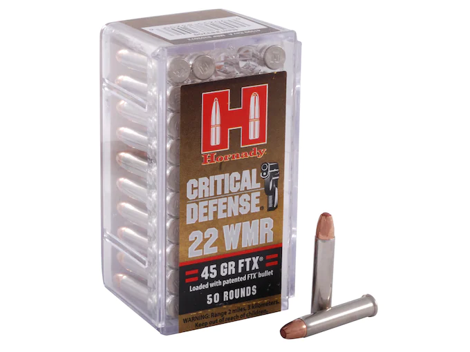 Hornady Critical Defense 22 Winchester Magnum Rimfire (WMR) Ammo 45 Grain Hornady FTX Polymer Tip - Fast Ship